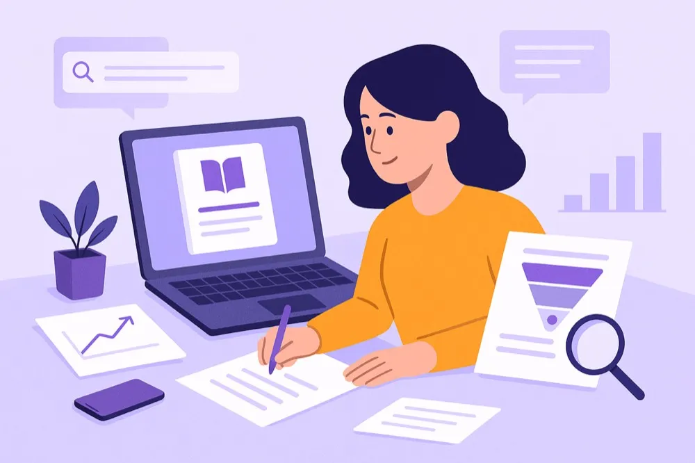 Ebook marketing strategy illustration with creator planning content distribution