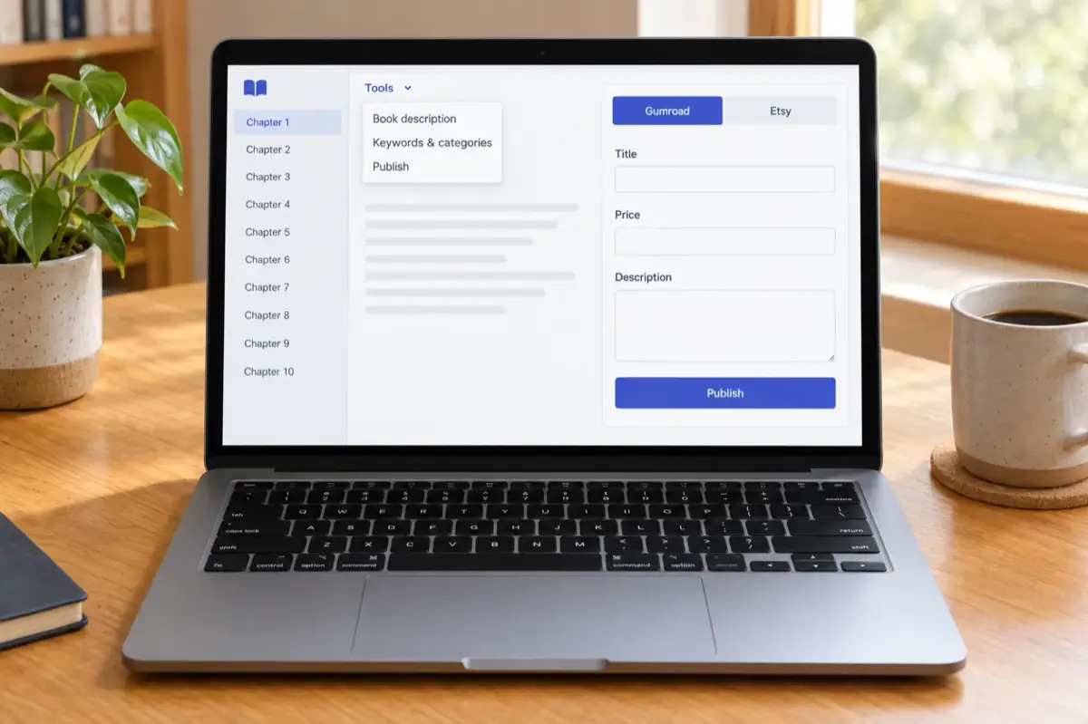 A laptop on an oak desk showing a book editor with a Tools menu listing Book description, Keywords and categories, and Publish, beside a panel with Gumroad and Etsy tabs and Title, Price and Description fields
