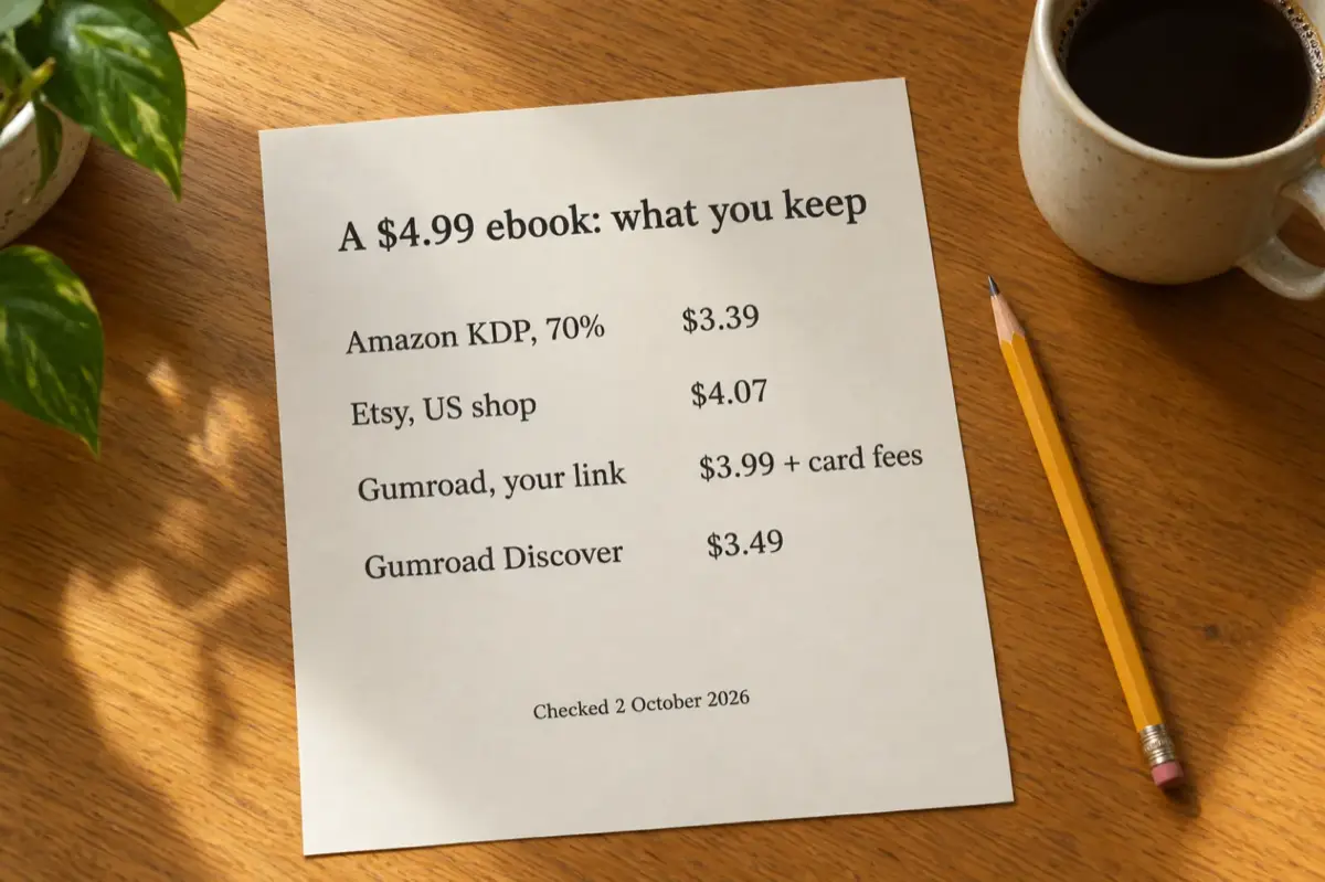 A printed cream sheet headed A $4.99 ebook: what you keep, listing Amazon KDP, 70%: $3.39; Etsy, US shop: $4.07; Gumroad, your link: $3.99 plus card fees; Gumroad Discover: $3.49; checked 2 October 2026, with a pencil and a mug of coffee