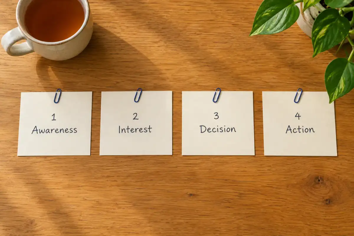 Four cream index cards in a row on an oak desk, handwritten: 1 Awareness, 2 Interest, 3 Decision, 4 Action, with indigo paper clips, a mug of tea and a sprig of a plant