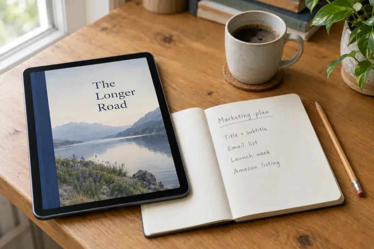 A tablet showing a finished ebook cover beside a notebook page headed Marketing plan listing title and subtitle, email list, launch week and Amazon listing, on an oak desk with a mug and a plant