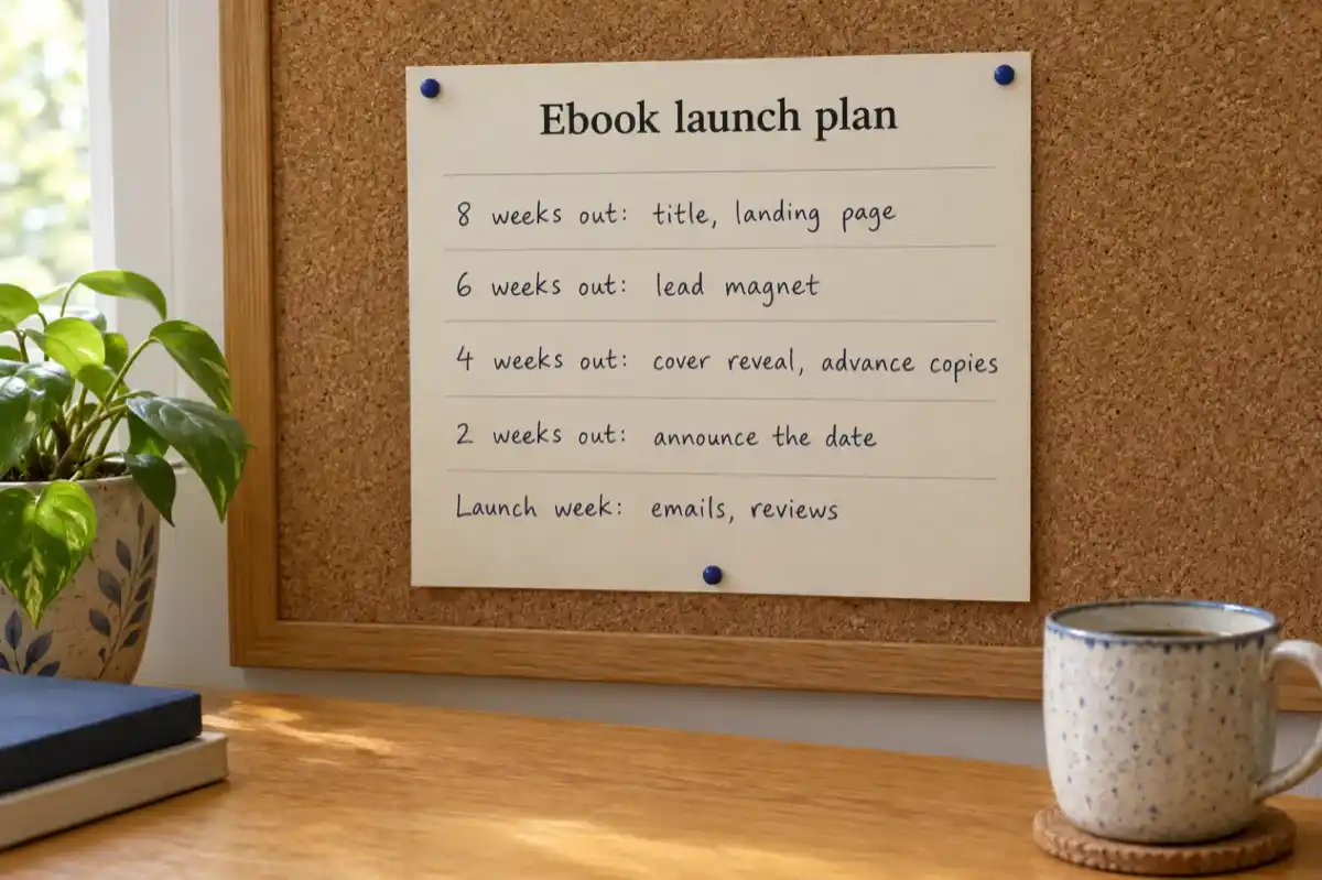 A cream wall planner headed Ebook launch plan, with handwritten rows: 8 weeks out: title, landing page; 6 weeks out: lead magnet; 4 weeks out: cover reveal, advance copies; 2 weeks out: announce the date; Launch week: emails, reviews