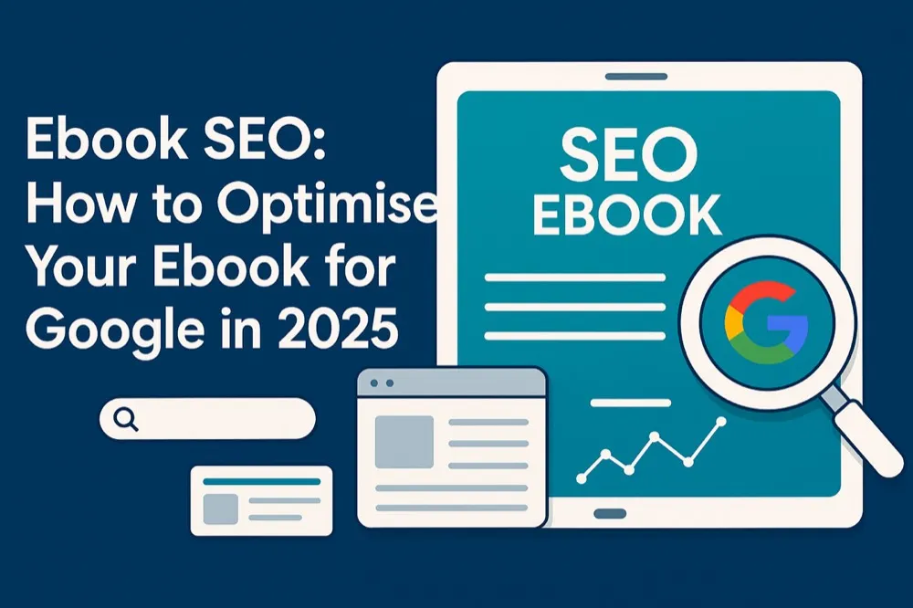 Ebook SEO illustration with digital book, Google logo, magnifying glass and search analytics