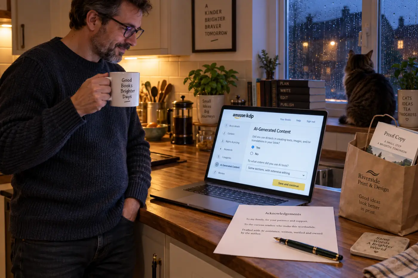 A laptop on a kitchen counter showing the Amazon KDP upload step with the AI-generated content question and Yes selected, a printed acknowledgements page beside it with a short note about AI-assisted drafting, and a mug of tea