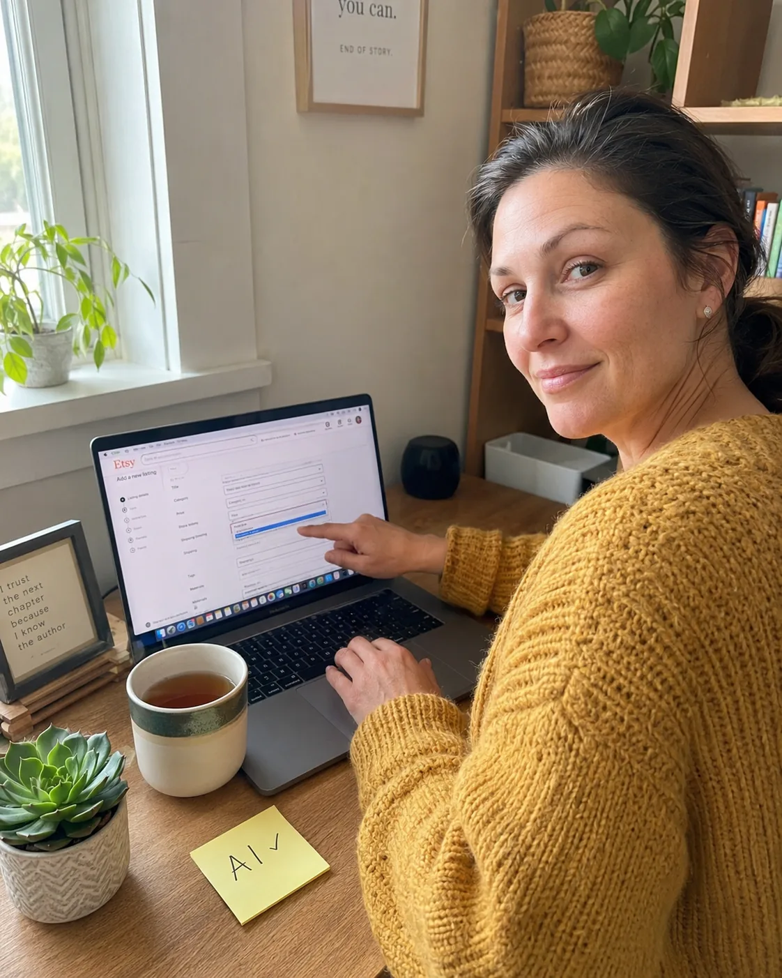 Etsy seller at her laptop confidently ticking the AI disclosure checkbox in the listing form, calm and sorted