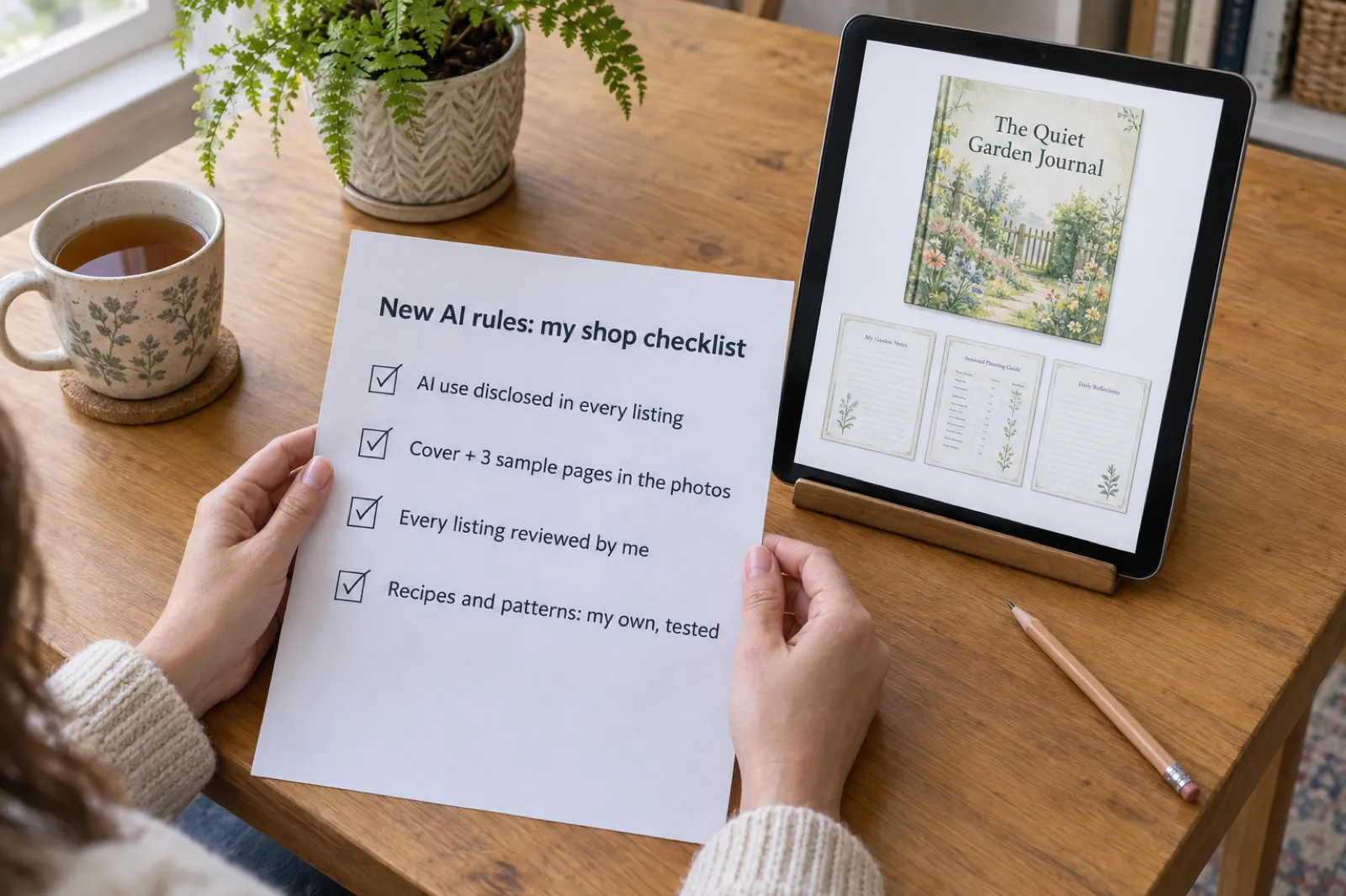 A seller's checklist for Etsy's October 2026 AI rules beside a tablet showing an ebook cover and page previews