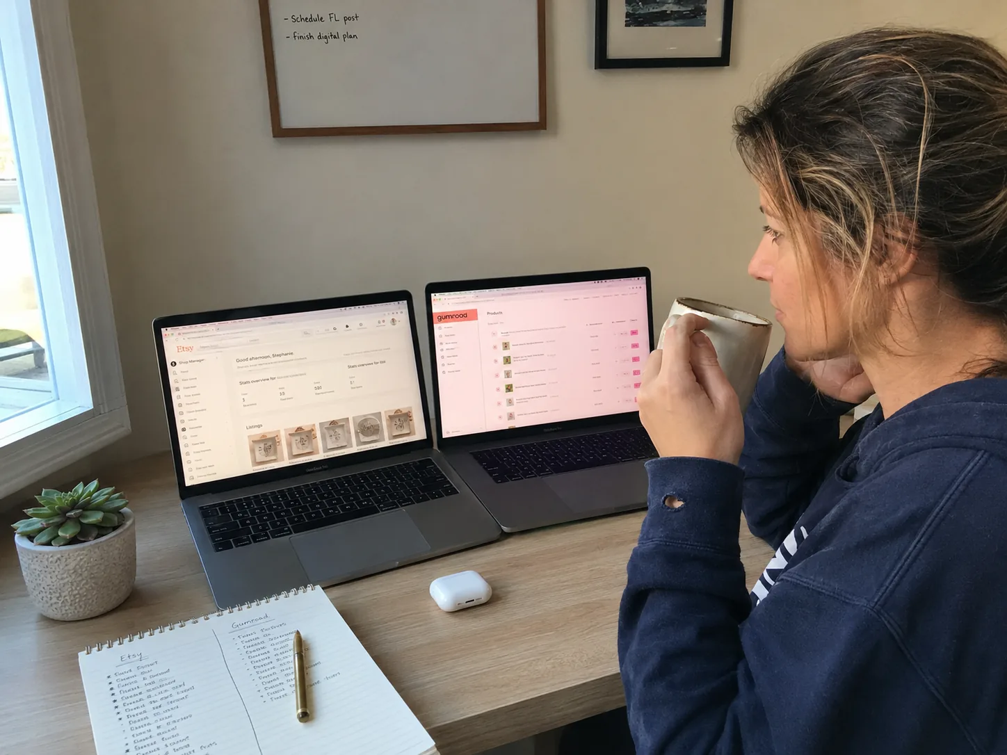 Creator at a desk with two laptops open side by side, one showing an Etsy seller dashboard and one showing a Gumroad dashboard, comparing both
