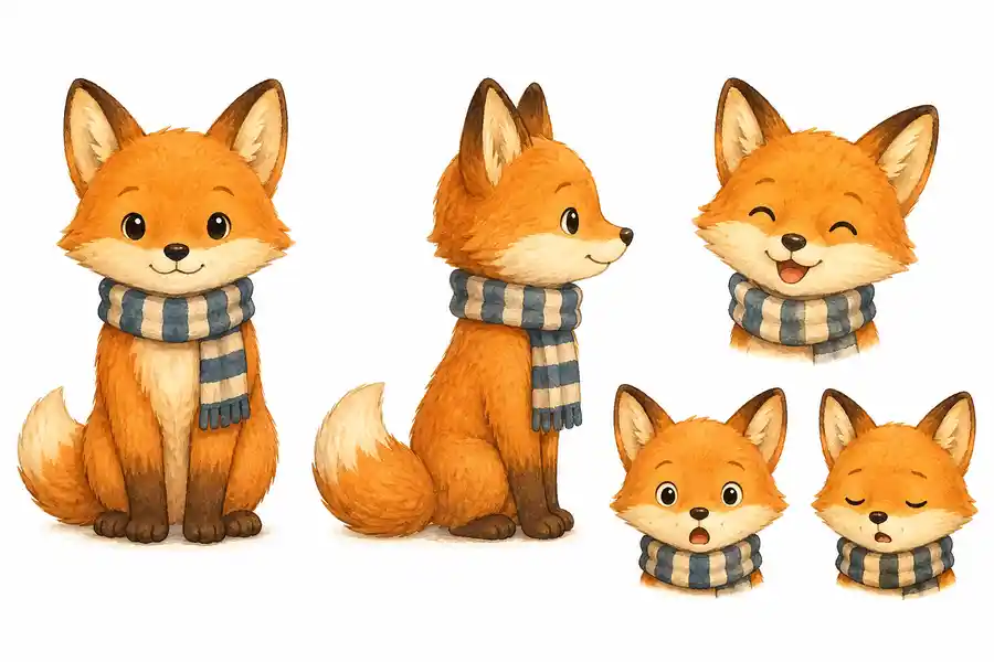 A character reference sheet for a fox with a striped scarf: front view, side view, and three facial expressions on one page