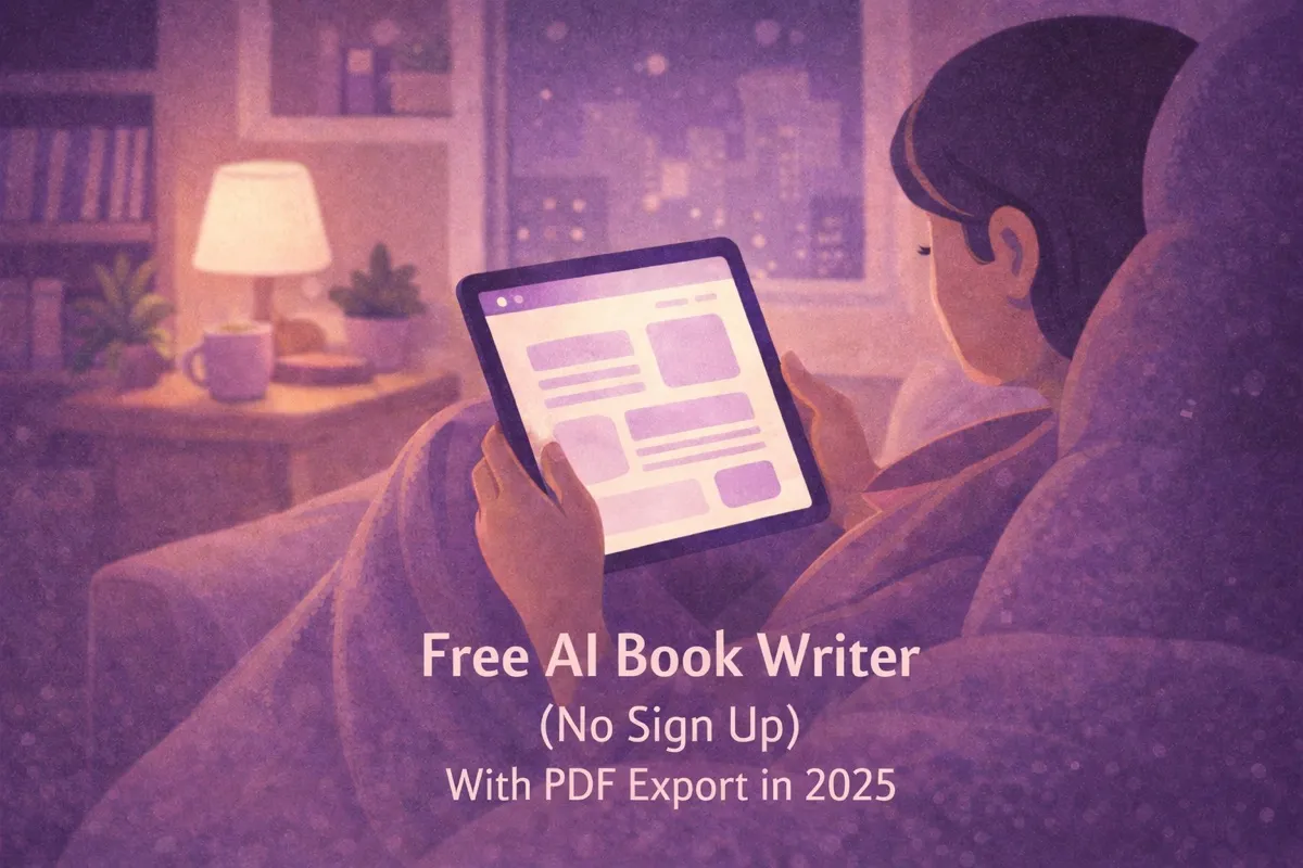 Free AI book writer interface showing PDF export workflow
