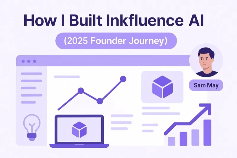 Founder building Inkfluence AI on a laptop with UI screens in the background