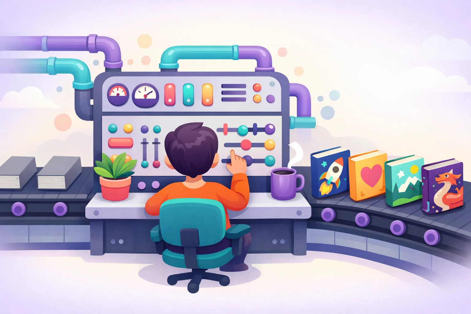 Conveyor belt transforming generic grey books into colourful unique ebooks through quality controls