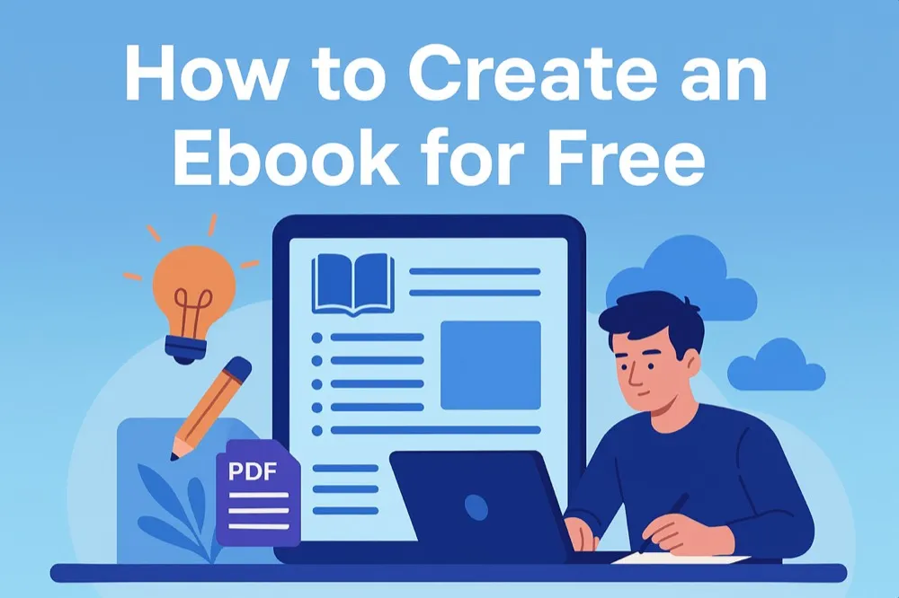 Illustration of a creator designing a free ebook on a laptop