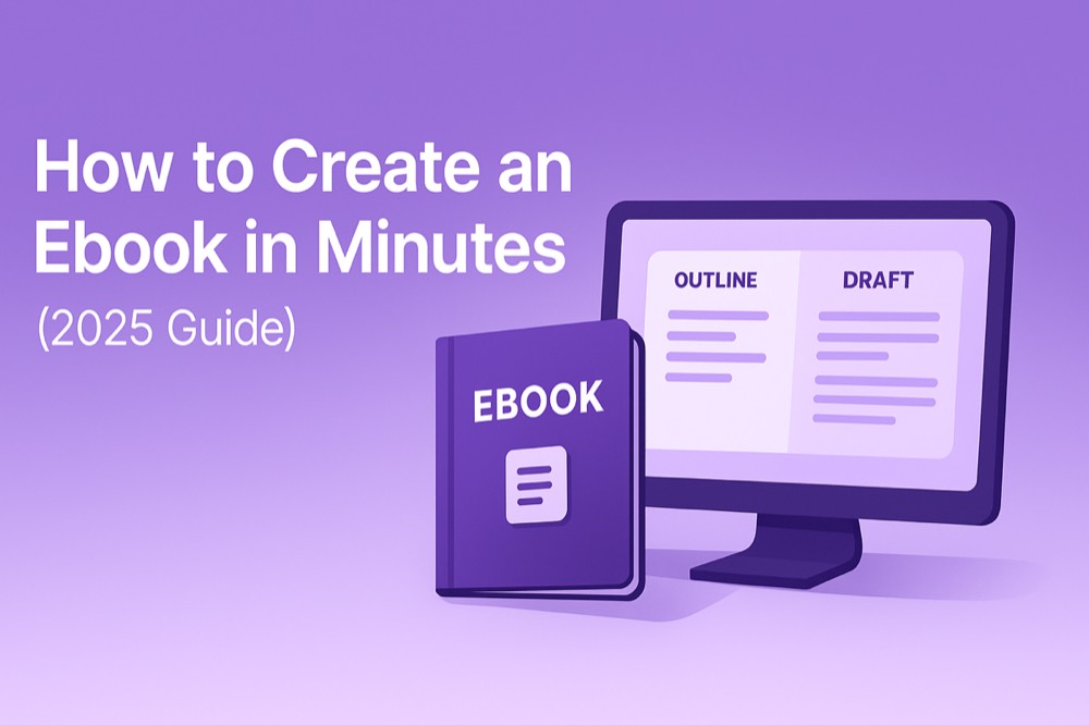 Illustration showing ebook creation workflow with outline and draft on screen