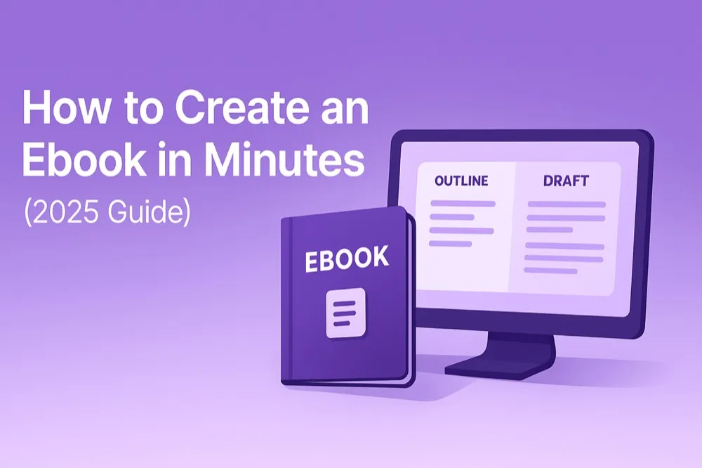 Illustration showing ebook creation workflow with outline and draft on screen