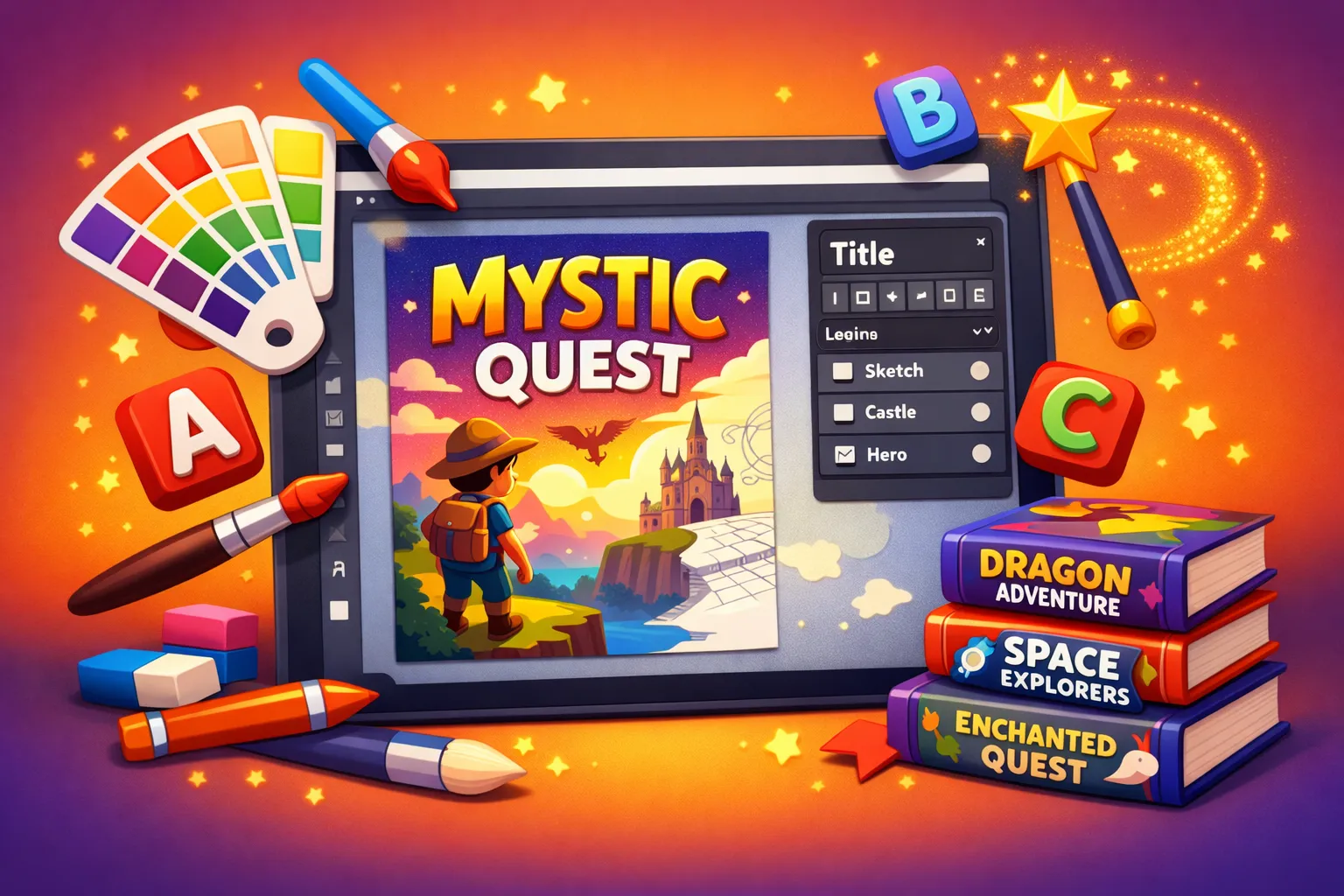 Step-by-step AI book cover design process showing a cover being created with typography and color tools