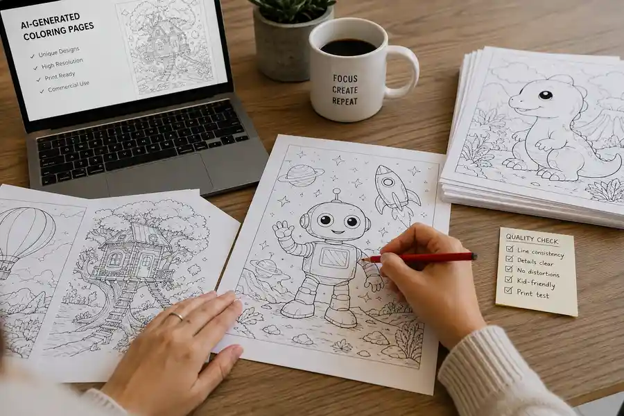 AI-generated coloring book workflow: line-art pages being generated, curated, and published as a KDP paperback