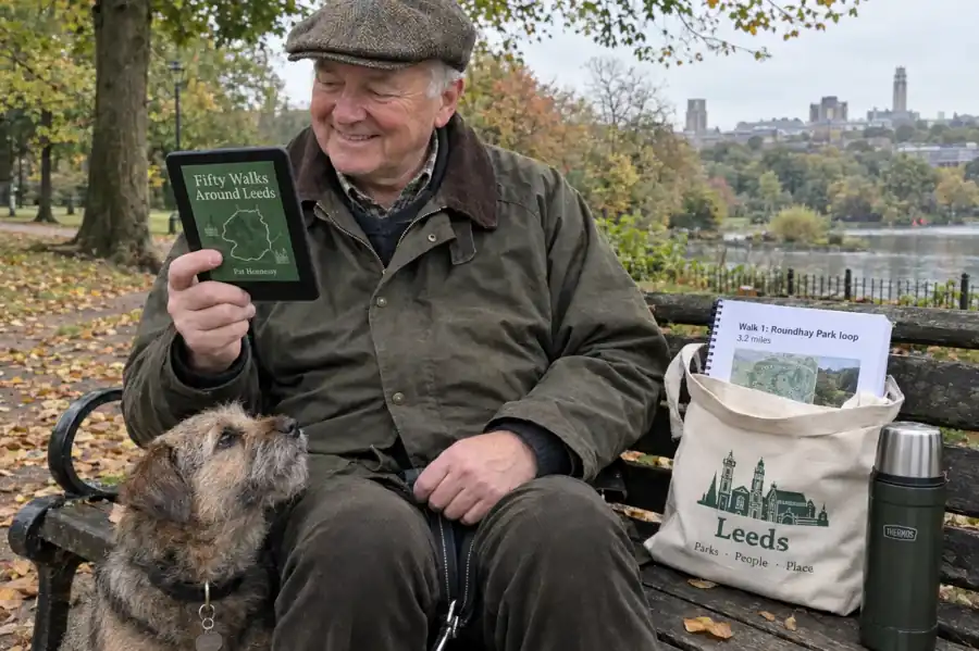 A retired man on a park bench smiles at his own ebook, Fifty Walks Around Leeds by Pat Hennessy, on an e-reader, with the spiral-bound draft in his tote bag and his terrier at his feet