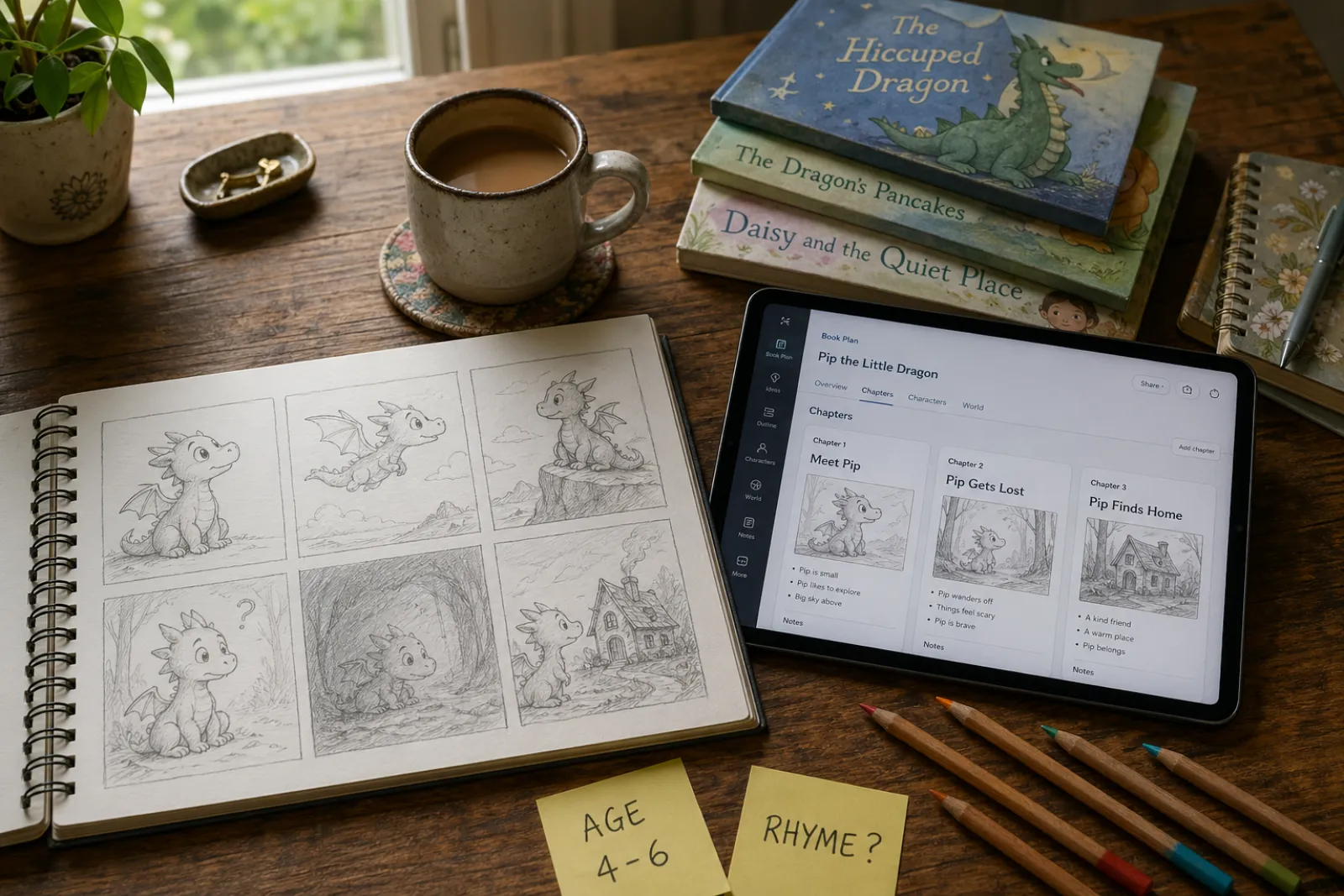 Overhead view of a writer's desk planning a children's book: open notebook with hand-drawn storyboard sketches of a small dragon character, picture books stacked beside an iPad showing a chapter-planning dashboard, sticky notes reading 'AGE 4-6' and 'RHYME?', coloured pencils, mug of coffee, warm morning light.