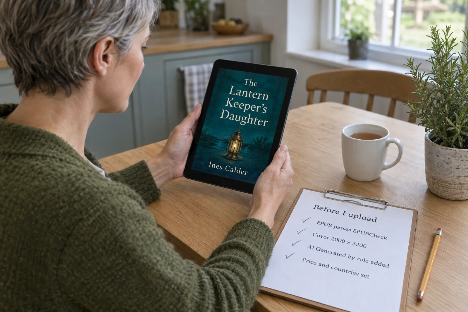 An author in a moss-green cardigan at a kitchen table holds a tablet showing the ebook cover of The Lantern Keeper's Daughter by Ines Calder, beside a clipboard checklist ticked EPUB passes EPUBCheck, Cover 2000 x 3200, AI Generated by role added, Price and countries set