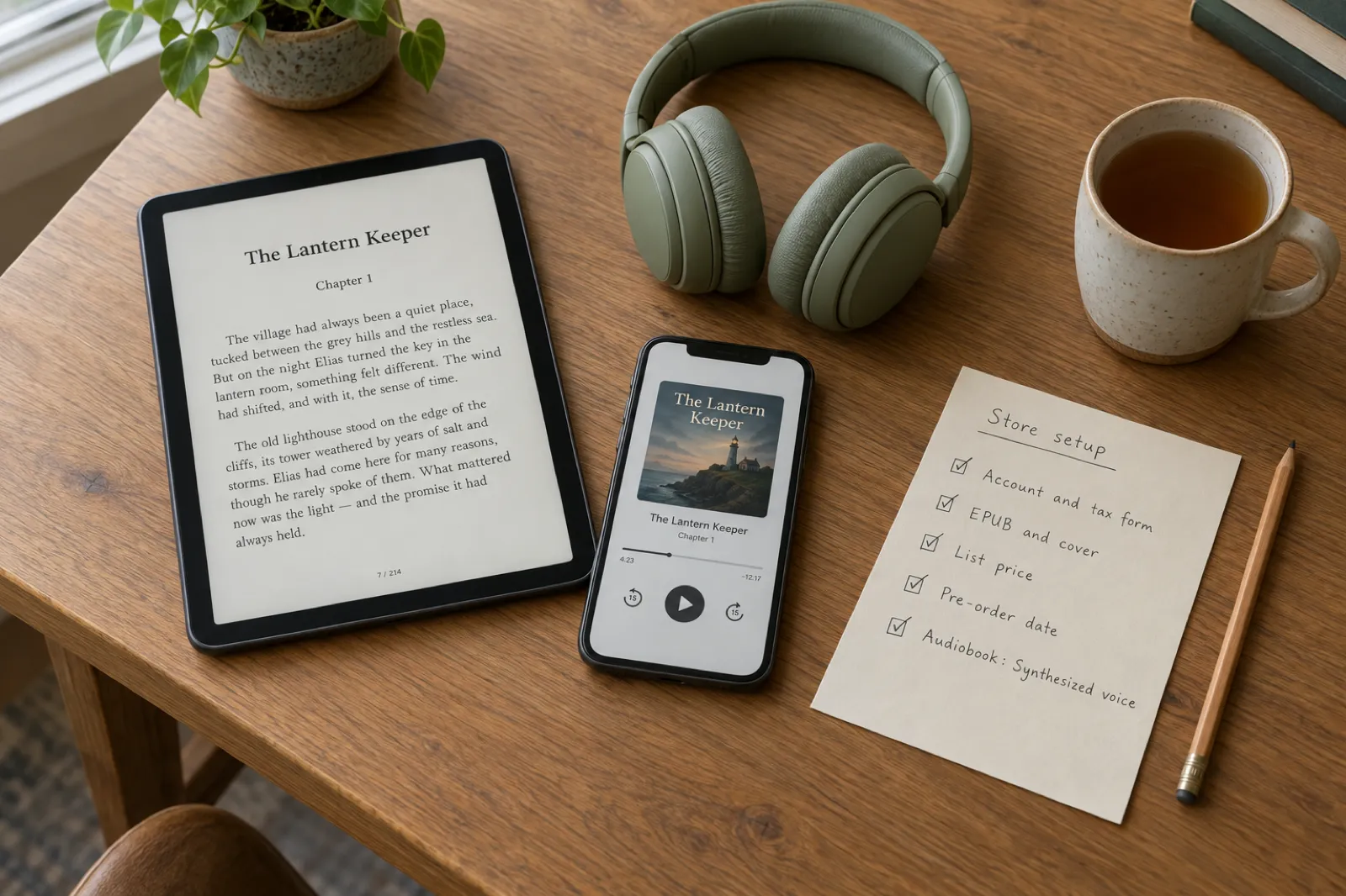 A tablet showing an ebook page and a phone showing an audiobook player on an oak desk, beside headphones and a printed store setup checklist with ticks for account and tax form, EPUB and cover, list price, pre-order date and Synthesized voice