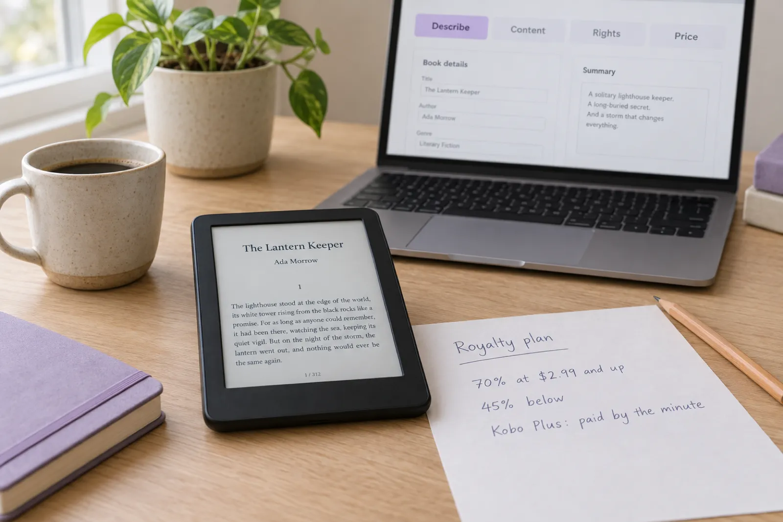 An e-reader showing a novel on an oak desk beside a laptop with a publishing dashboard and a handwritten royalty plan