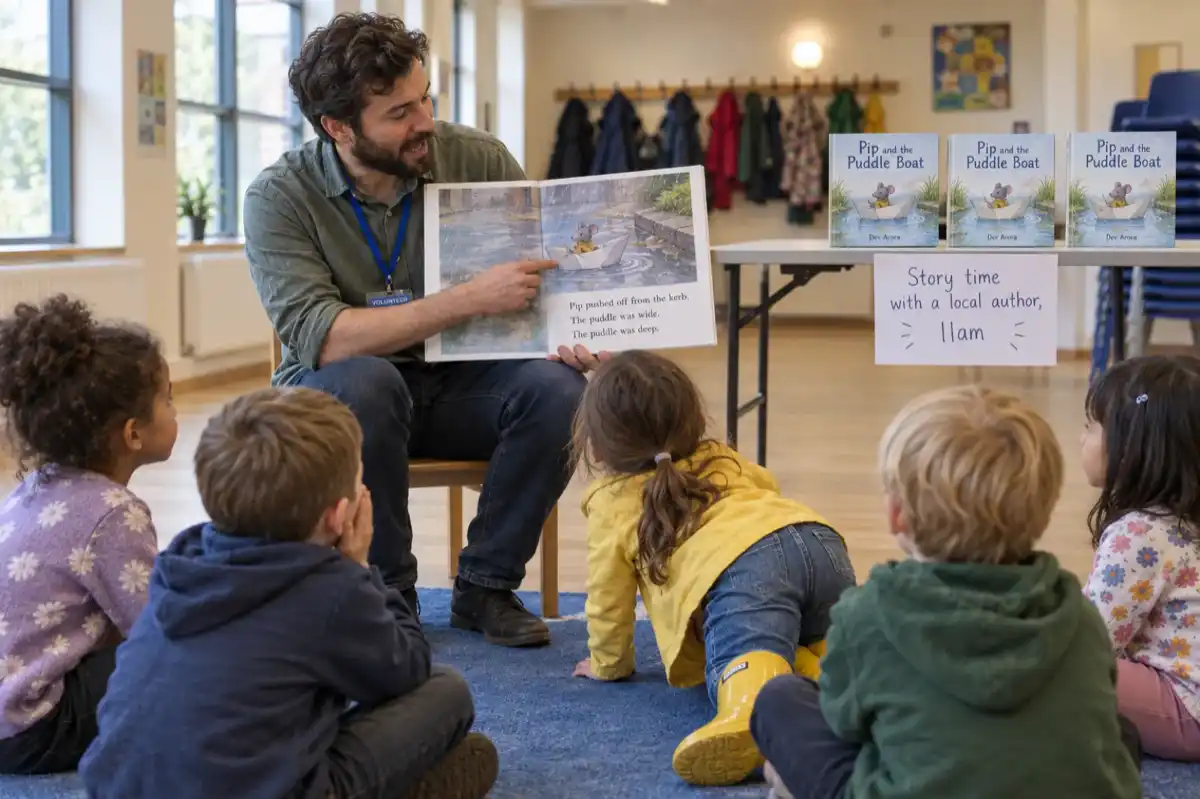 A volunteer author reads his square picture book Pip and the Puddle Boat by Dev Arora to six children on a rug at a community centre story time, with copies of the book on a table behind him