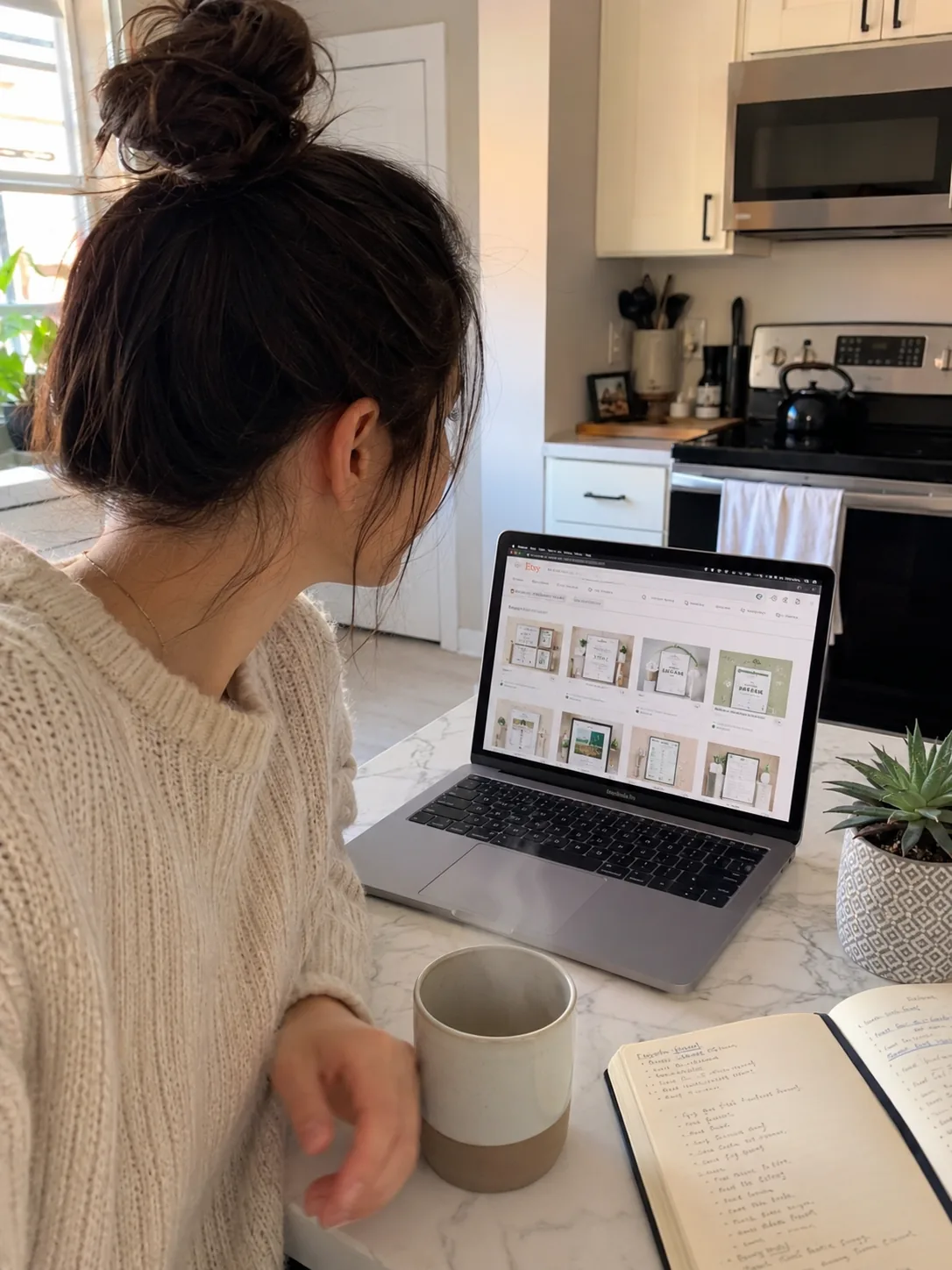 Creator on a couch reviewing an Etsy seller dashboard with a sale notification, working casually in the evening