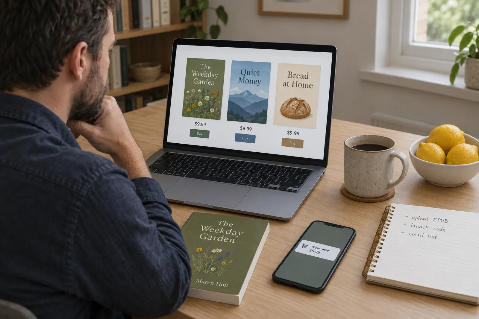 An author at a pale wooden desk looking at a simple online shop page with three ebook covers on a laptop, beside a proof copy of The Weekday Garden, a phone showing a new $9.99 order, a notebook to-do list and a small bowl of lemons