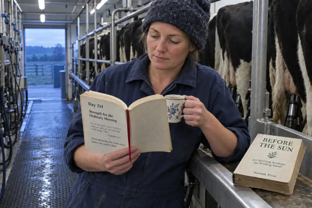A dairy farmer in a milking parlour at dawn reads a worn devotional open at Day 214, with a copy of Before the Sun, 365 Morning Readings for Working Hands by Hannah Price on the rail beside her