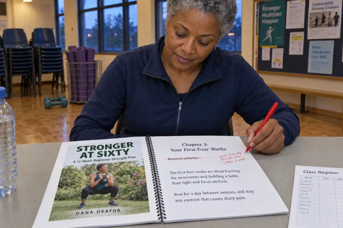 In a community centre hall, fitness coach Dana Okafor crosses out Reverses arthritis on a printed proof of Stronger at Sixty and writes Joint-friendly strength plan, 3 days a week