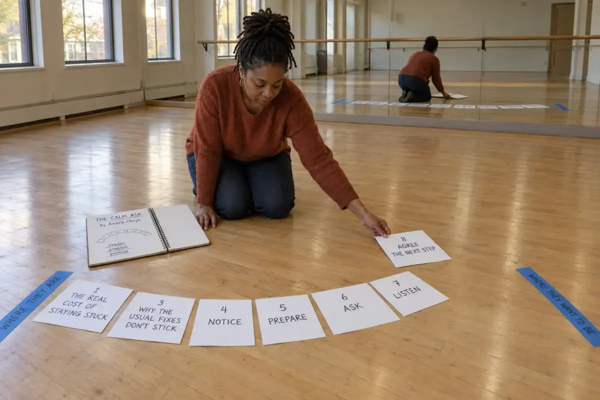 In an empty dance studio, life coach Amara Okoye lays out an arc of handwritten chapter cards for her book The Calm Ask, from Where they are to Where they want to be, reflected in the wall mirror
