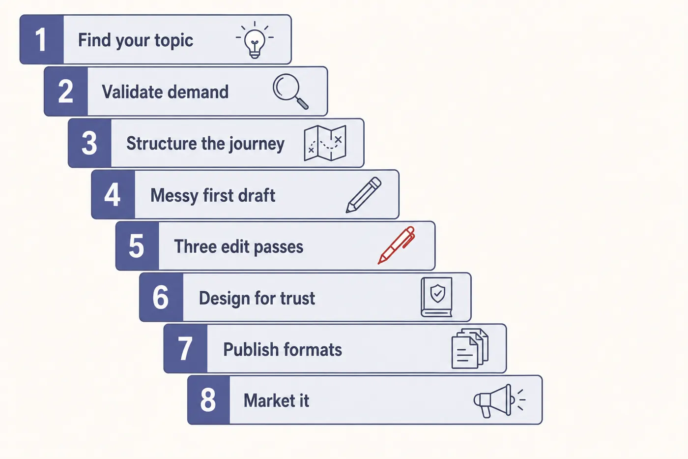 Eight-step ebook writing process shown as a descending staircase: find your topic, validate demand, structure the journey, write the messy first draft, edit in three passes, design for trust, publish in the right formats, and market it