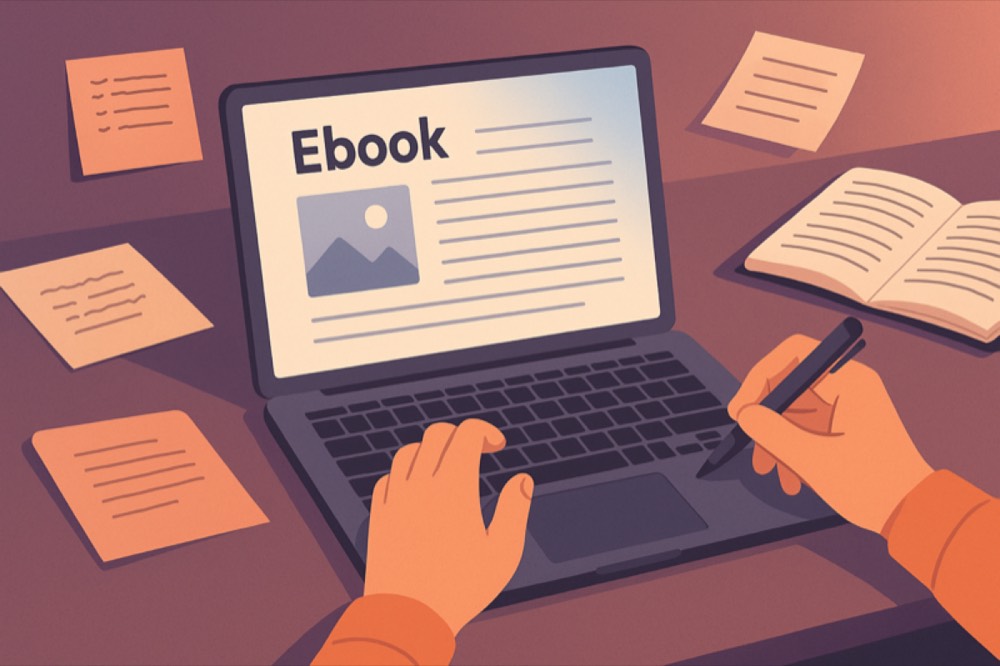 Illustration of person writing an ebook on laptop with notes and planning materials