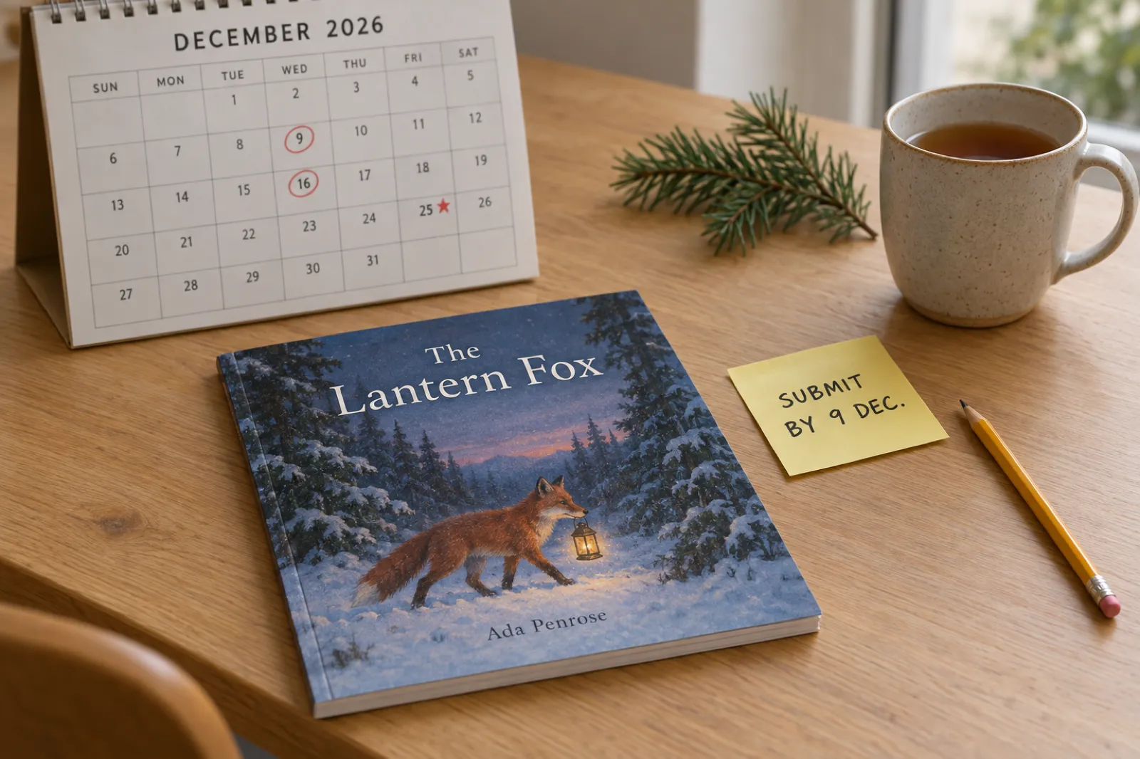 A December 2026 desk calendar with the 9th and 16th circled in red and a star on the 25th, beside a printed proof of an invented picture book called The Lantern Fox by Ada Penrose and a sticky note reading SUBMIT BY 9 DEC.