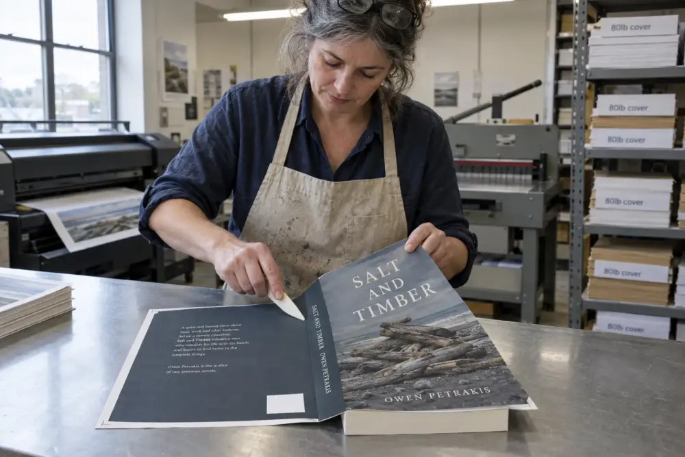 A print technician folds the printed full-wrap cover of Salt and Timber by Owen Petrakis around a book block, pressing the spine crease with a bone folder