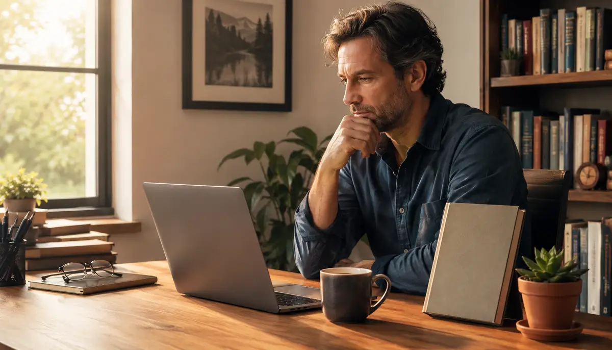 An indie author in their 40s sits at a wooden home office desk, leaning on a hand while looking thoughtfully at a closed laptop. A framed landscape print, a tall green plant, folded reading glasses, a coffee mug, and a small succulent in a terracotta pot share the desk; bookshelves line the back wall in warm afternoon light.