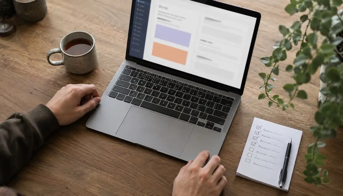 Overhead view of a creator's hands on an open silver laptop showing a blurred publishing dashboard with stacked colour blocks suggesting form fields, beside a small printed checklist with abstract handwritten ticks, a stoneware mug of black tea, and a trailing green plant on a warm wooden desk.