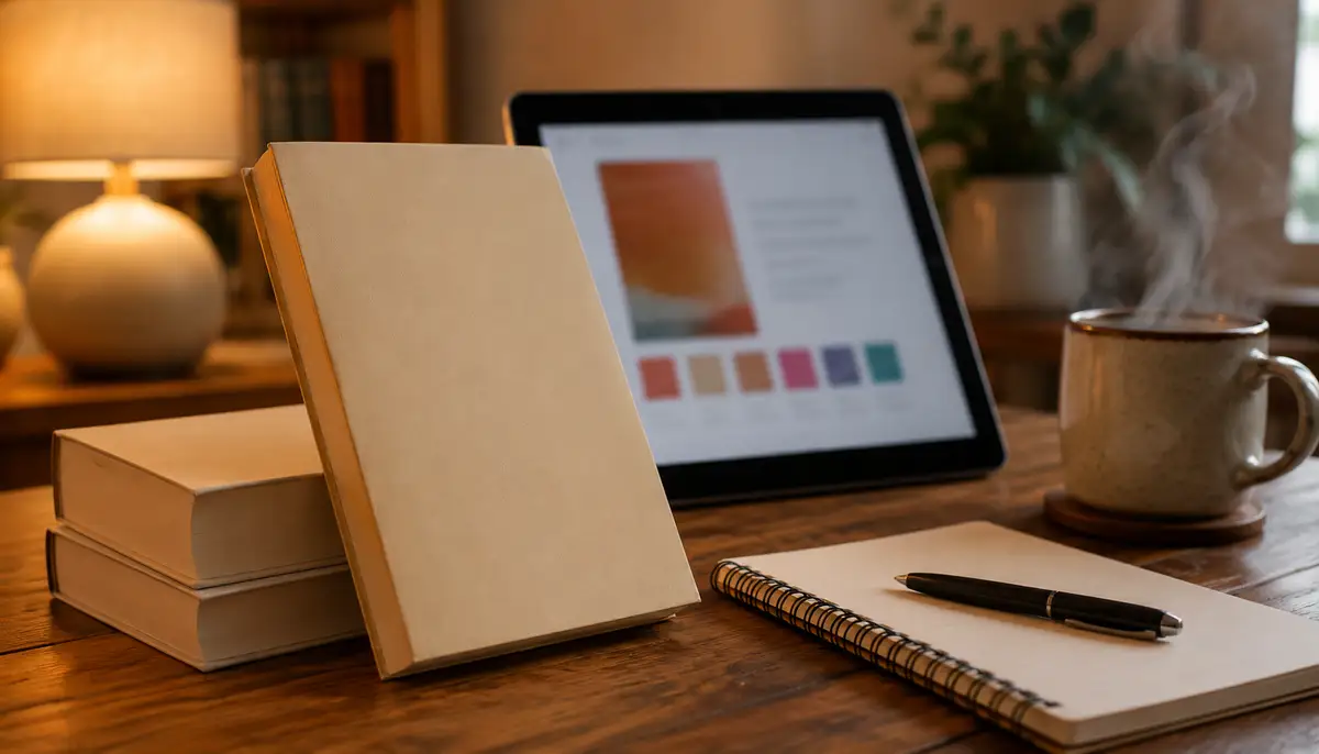 A plain cream-cover paperback book propped against a stack of two other unmarked books on a warm wooden desk, beside an out-of-focus tablet showing only colour blocks of a product page, a spiral notebook with a black pen resting on it, and a steaming coffee cup under soft lamplight.