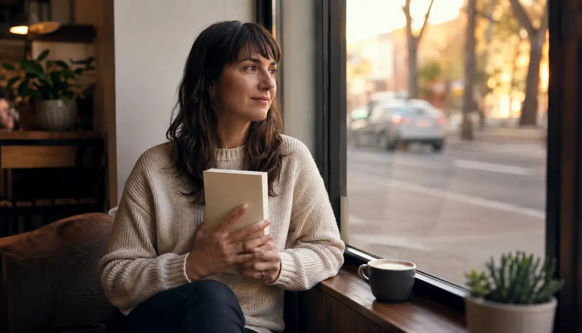 A woman in her 30s sits at a coffee shop window seat in a cream knit sweater, holding a freshly printed paperback book with a plain cover, looking out at the street in soft golden-hour backlight. A flat white coffee in a stoneware cup and a small succulent share the window ledge.