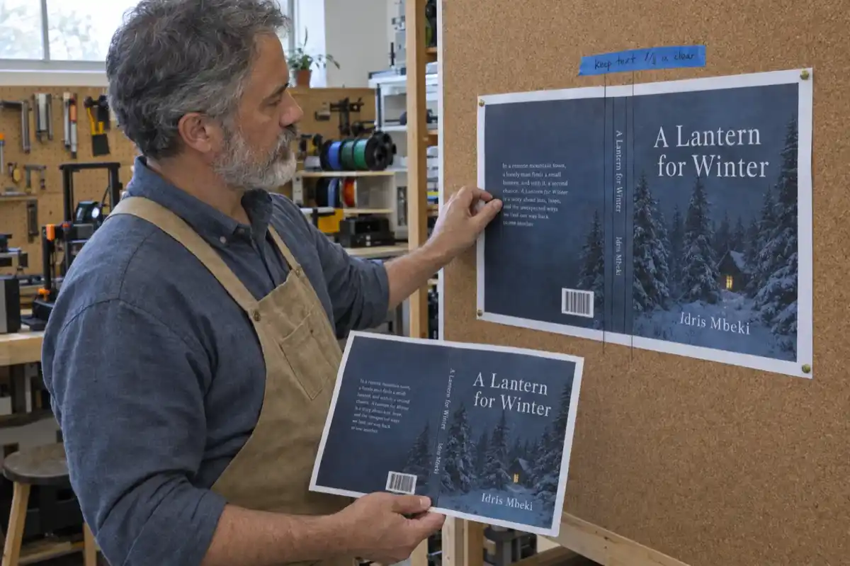 In a community makerspace, a man pins a printed paperback cover wrap of A Lantern for Winter by Idris Mbeki to a cork board, with pencil lines either side of the spine and masking tape reading keep text 1/8 in clear