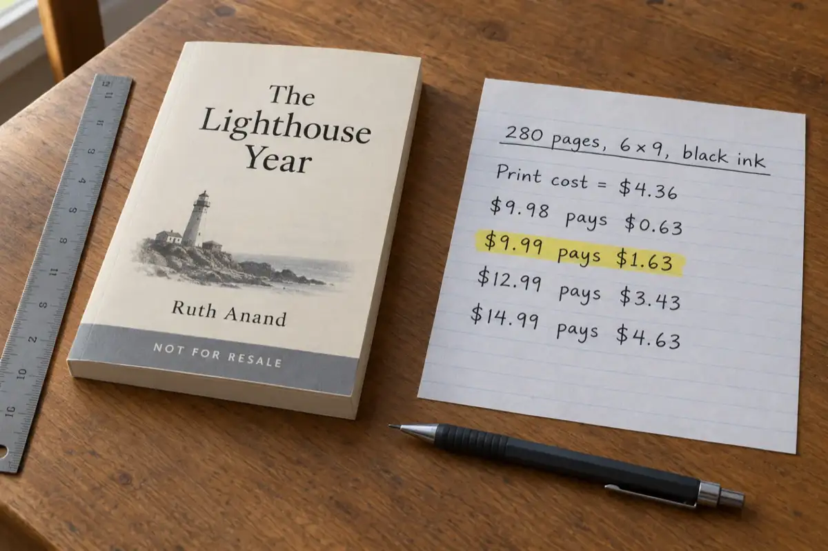 A 6 x 9 paperback proof marked Not for resale beside a handwritten note: 280 pages, black ink, print cost $4.36; $9.98 pays $0.63, $9.99 pays $1.63 highlighted, $12.99 pays $3.43, $14.99 pays $4.63