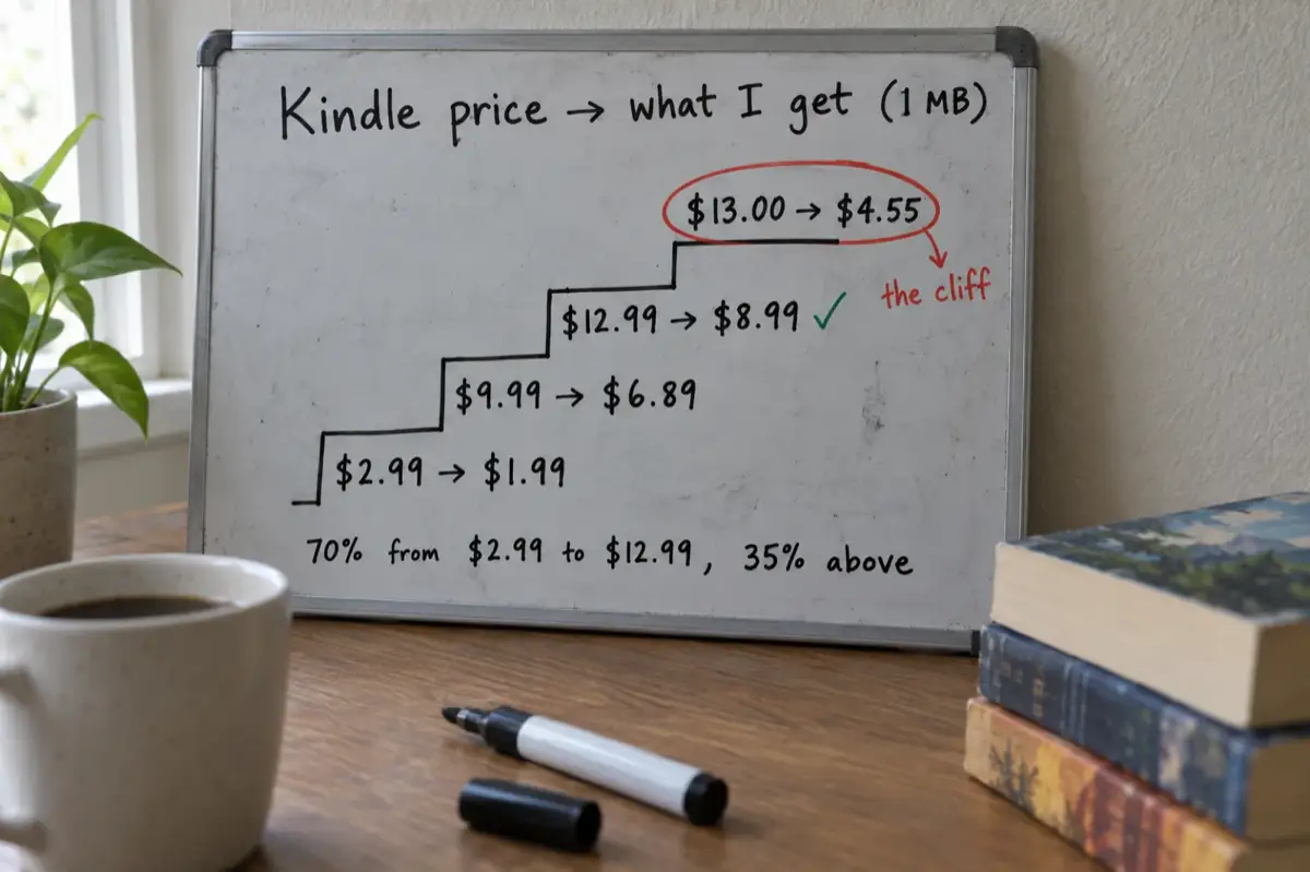 A whiteboard headed Kindle price, what I get (1 MB), with a stepped ladder: $2.99 pays $1.99, $9.99 pays $6.89, $12.99 pays $8.99 with a tick, and $13.00 pays $4.55 circled in red as the cliff; below, 70% from $2.99 to $12.99, 35% above
