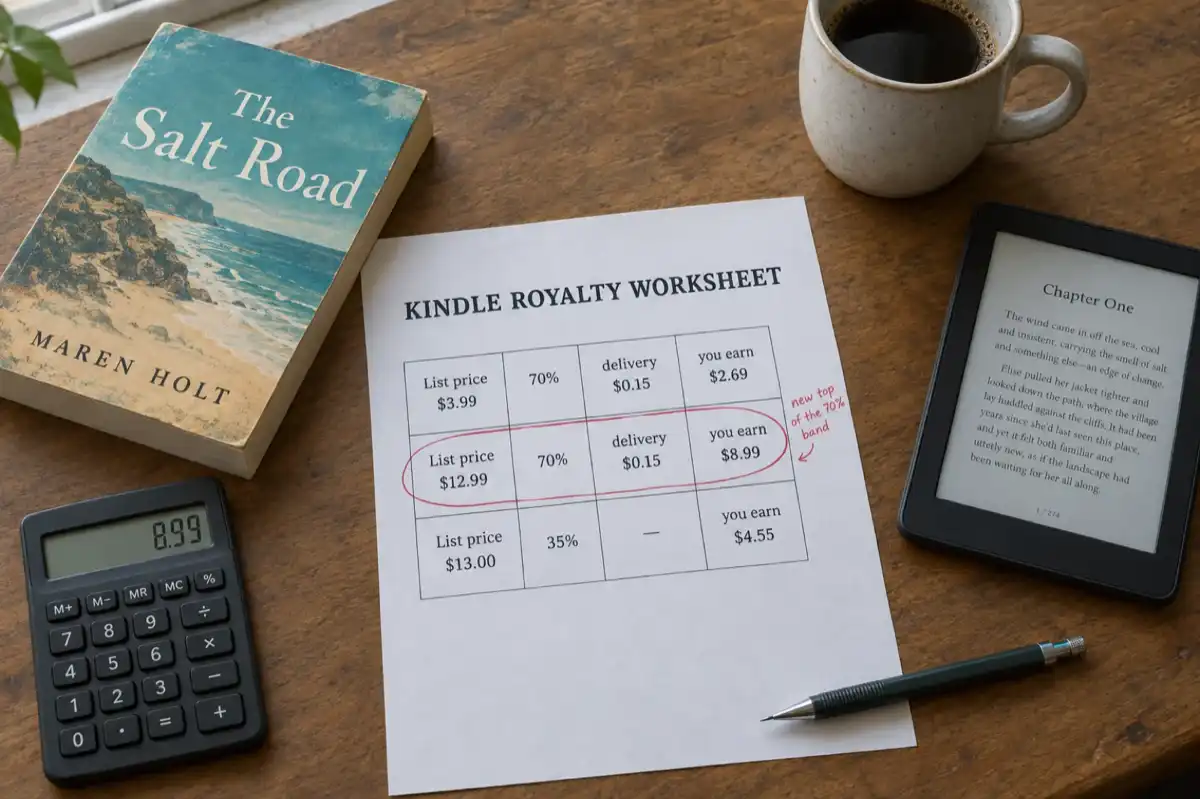 A printed Kindle royalty worksheet on a desk showing $3.99 paying $2.69, $12.99 paying $8.99 and $13.00 paying $4.55, beside a paperback, an e-reader and a calculator