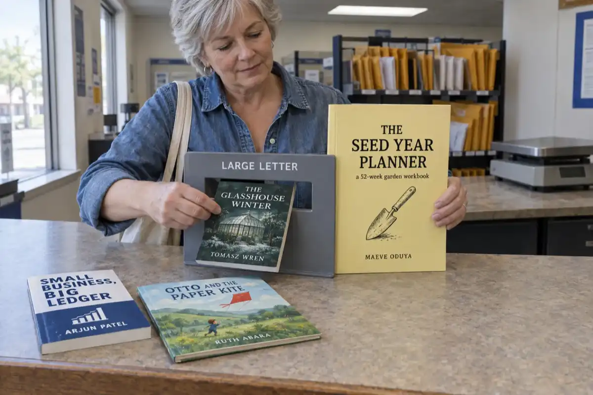 At a post office counter, an author slides a 5 x 8 paperback through a Large Letter size gauge while holding an 8.5 x 11 workbook that is too big for it, with a 6 x 9 business book and a square picture book on the counter