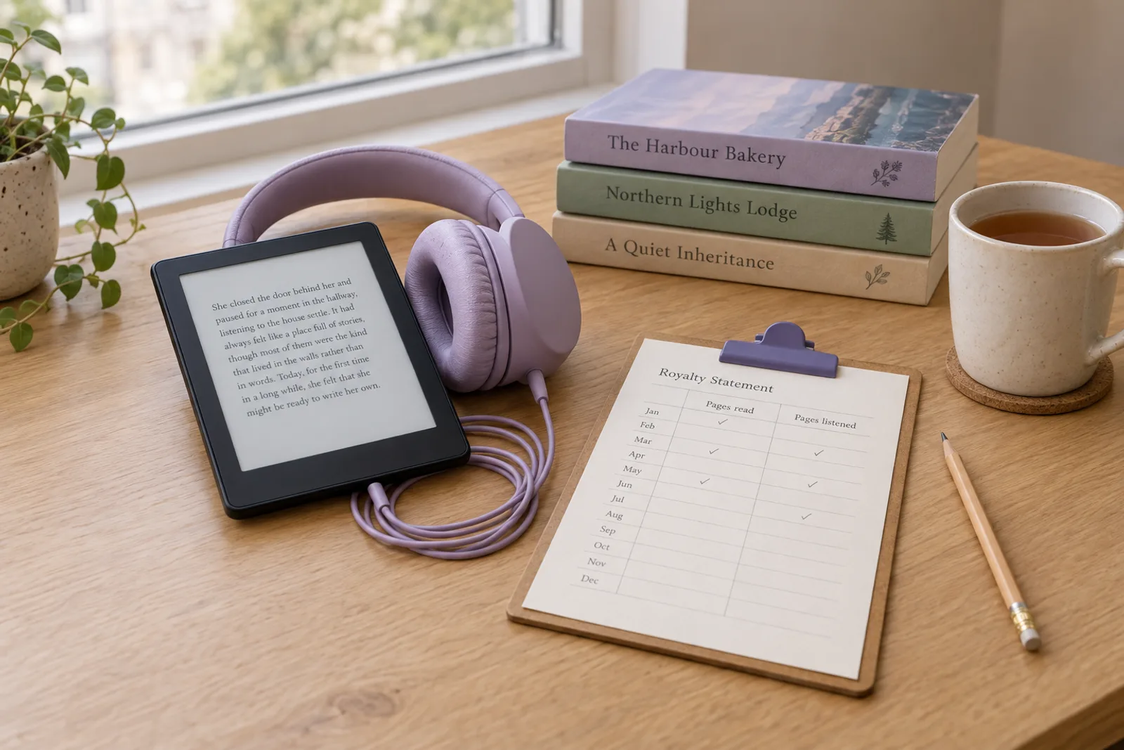 An e-reader and lilac headphones on an oak desk beside a royalty statement with columns for pages read and pages listened