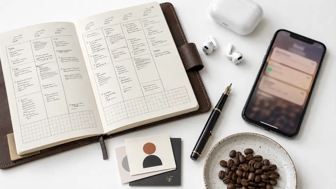 An overhead flat-lay of a creator's toolkit: a leather-bound planner with a handwritten weekly schedule, wireless earbuds, a fountain pen, business cards, a phone showing a soft-focused earnings notification, and a ceramic dish of whole coffee beans