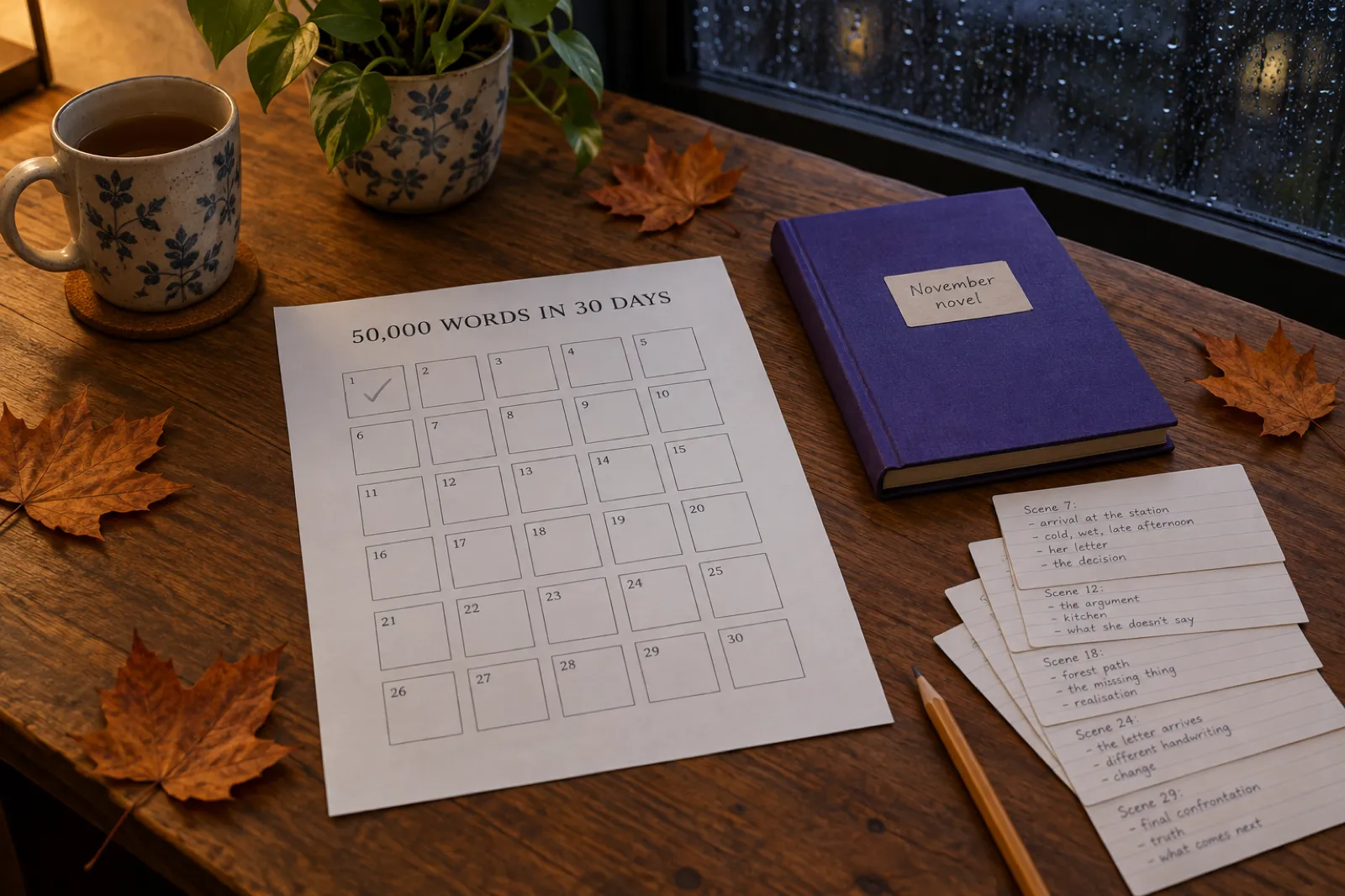 A kitchen table on the last night of October with a printed tracker titled 50,000 words in 30 days, the first of 30 boxes ticked, a violet notebook labelled November novel, scene cards, a pencil and a mug of tea