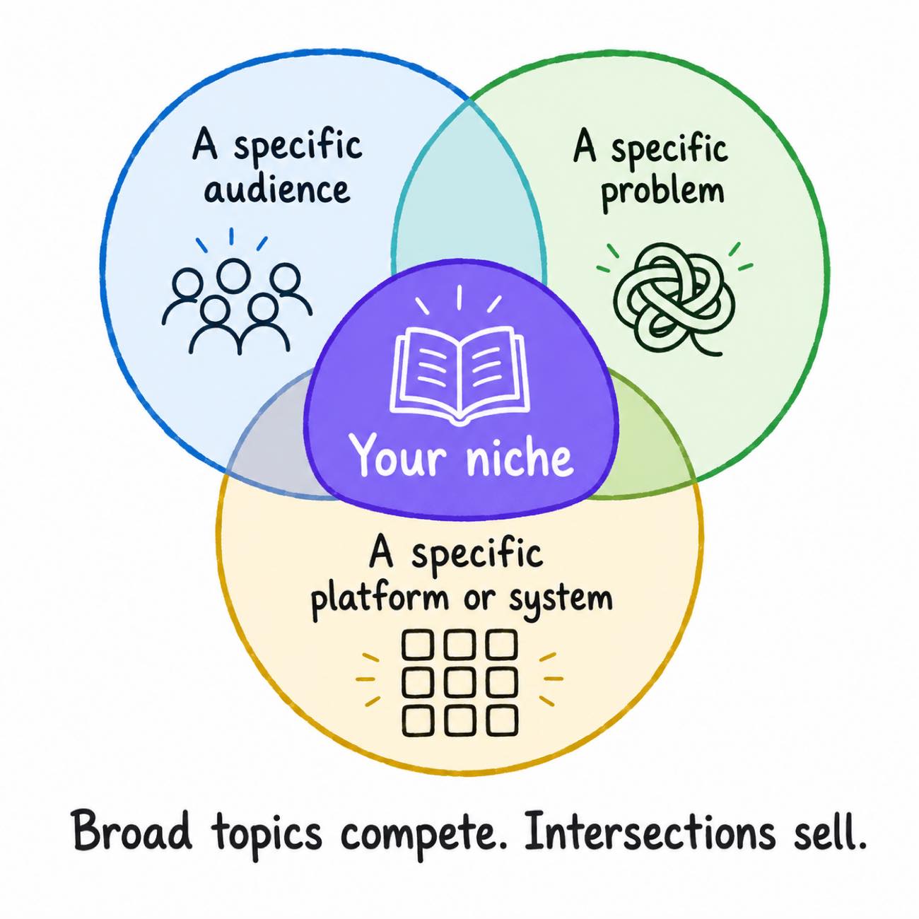 Venn diagram: a specific audience, a specific problem, and a specific platform overlap at your niche, captioned broad topics compete, intersections sell