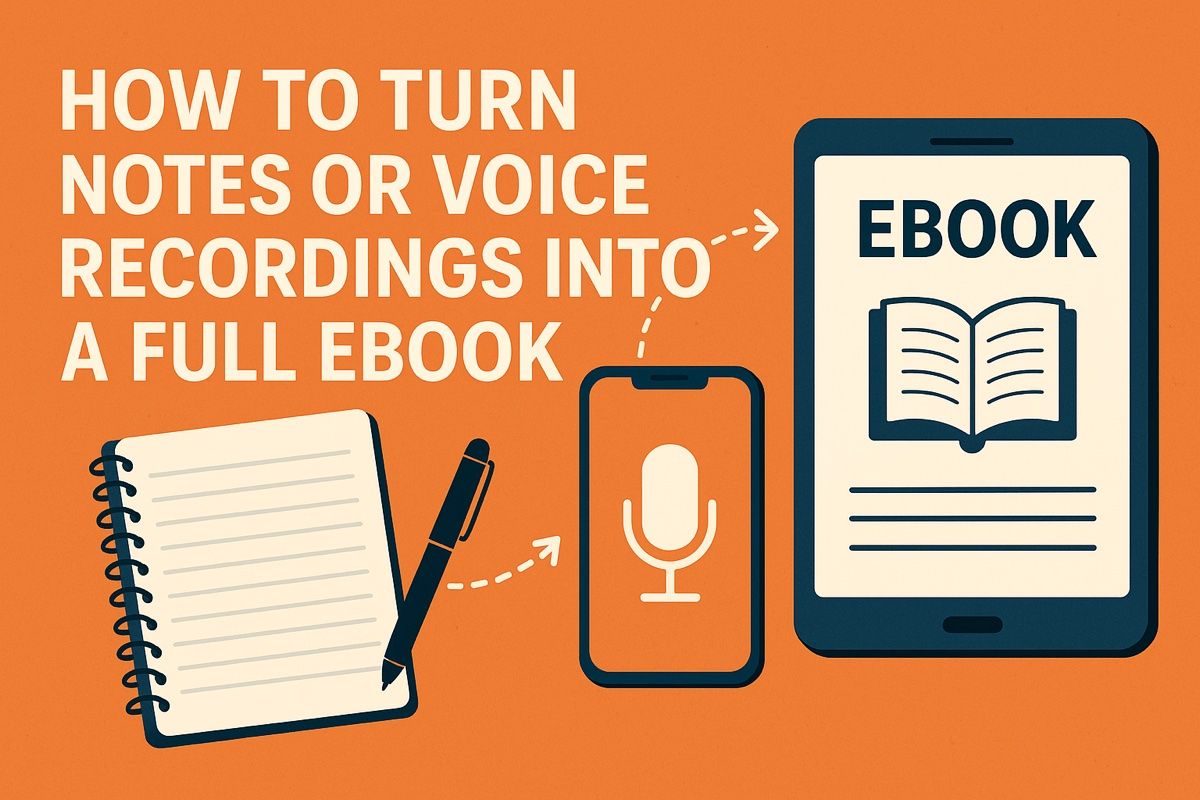 Transform notes and voice recordings into a complete ebook with organized workflow illustration