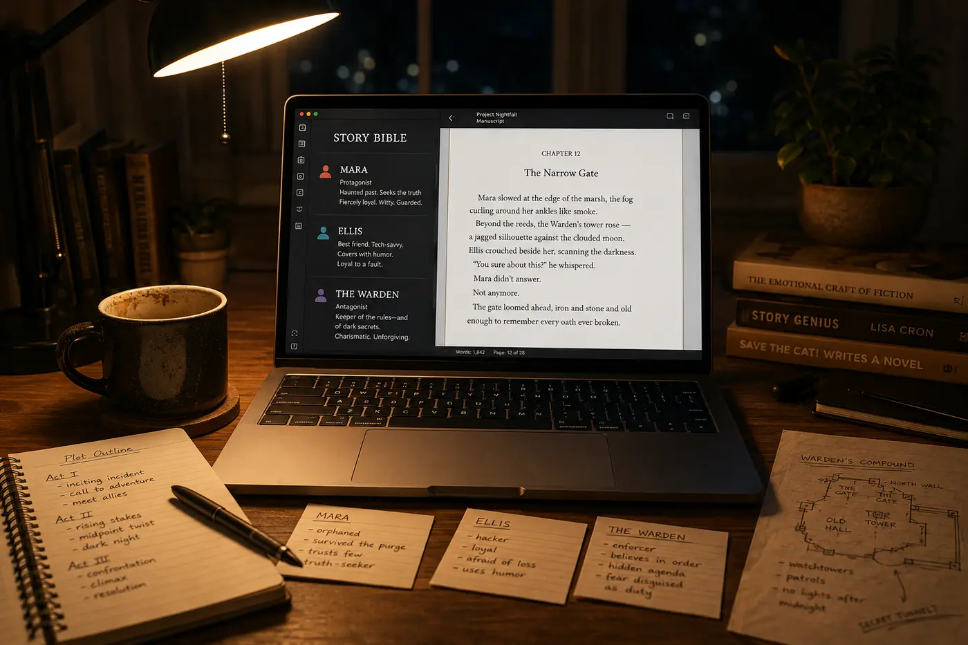 A novelist's desk mid-draft: laptop showing a story bible panel with character names and world rules beside the chapter being written, notes and coffee alongside